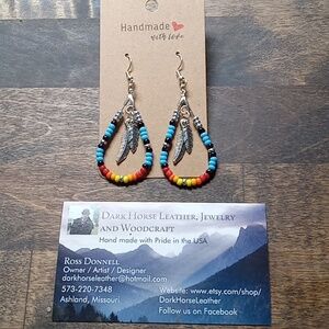 Beaded Southwestern Dangle Earrings with Feather charms.